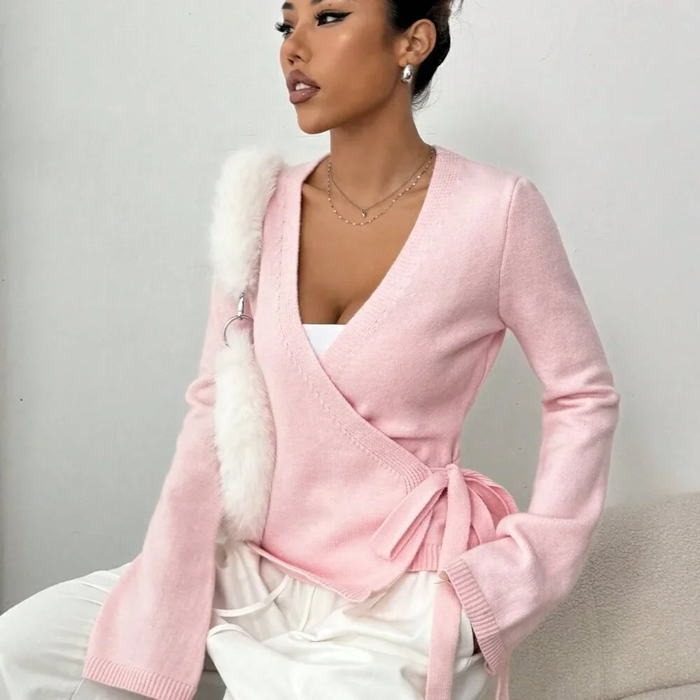 Pink Casual Women's Loose Tie-Front Long Sleeve Cardigan Tops